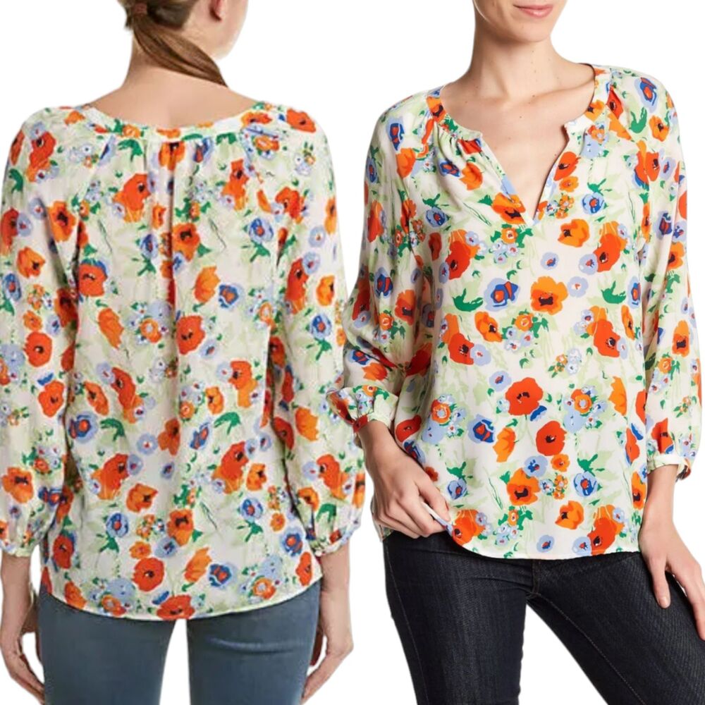 L Joie McKenna Silk Blouse Floral Orange Blue Cream White Bracelet 3/4 Sleeve